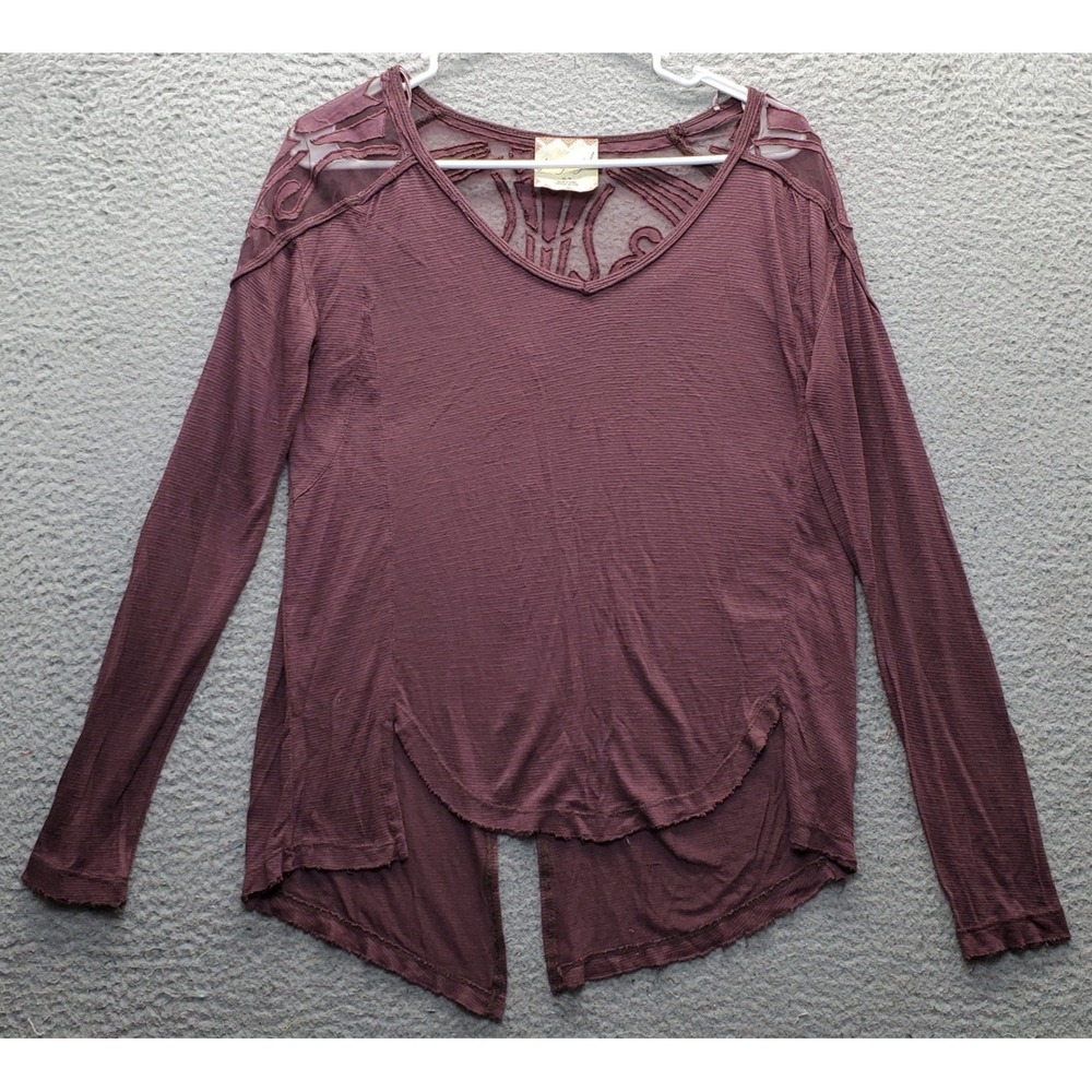 Free People Shirt Top Womens XS Dark Red Mesh Lace Back Long Sleeve Boho Chic